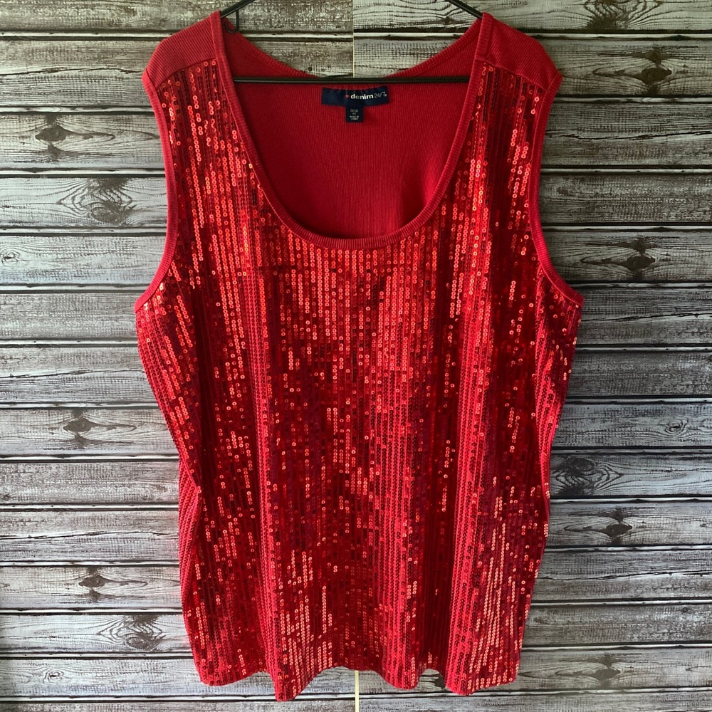 Denim 24/7 Women's Tank Top Size 4X Red Sequins